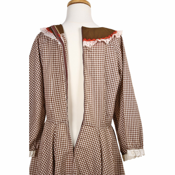 Vintage Malco Modes Prairie Dress Brown White Check Ric Rac Eyelet Trim Size 14 - Picture 6 of 9